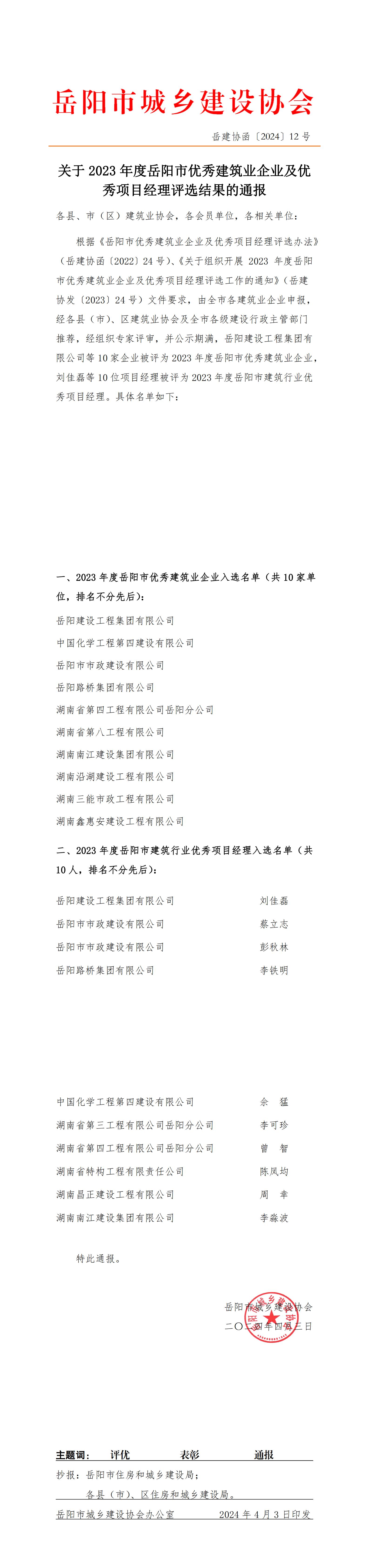 关于2023年度岳阳市优秀建筑业企业及优秀项目经理评选结果的通报(2)_00